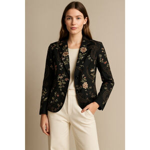 Coldwater Creek‎ Silk Floral Embroidered Blazer Jacket Black Cottagecore M